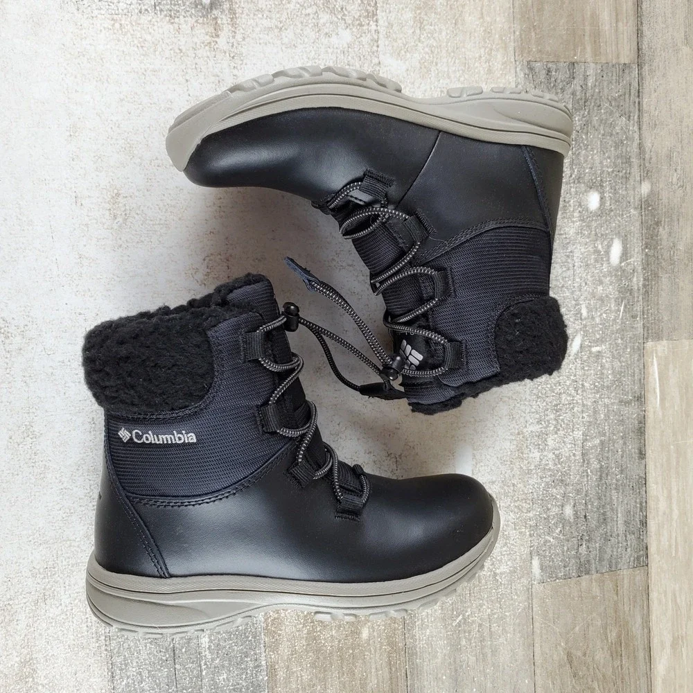 Columbia Moritza Boys Boot Sz 1 Black Leather Waterproof Round Toe Bungee Lacing